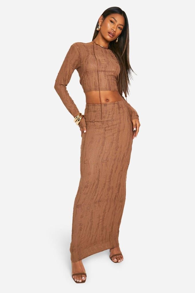 boohoo Dames Versleten look jersey top met geplooide zijkant | Chocoladebruin | Maat: 42