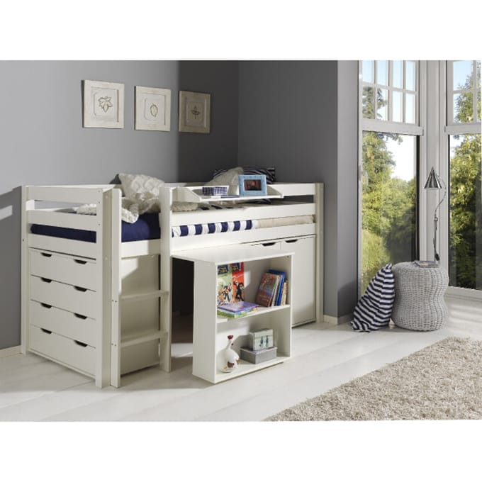 LUCEVI - Pino Halfhoogslaper + Ladder + Bureau + Commode 4 laden + Hangplank + Commode 2 deuren - Wit - 90x200 cm