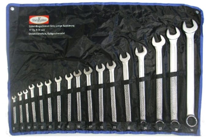 Ring-steeksleutelset 17-dlg. extra lang, 8 - 32 mm, CV, mat gepolijst