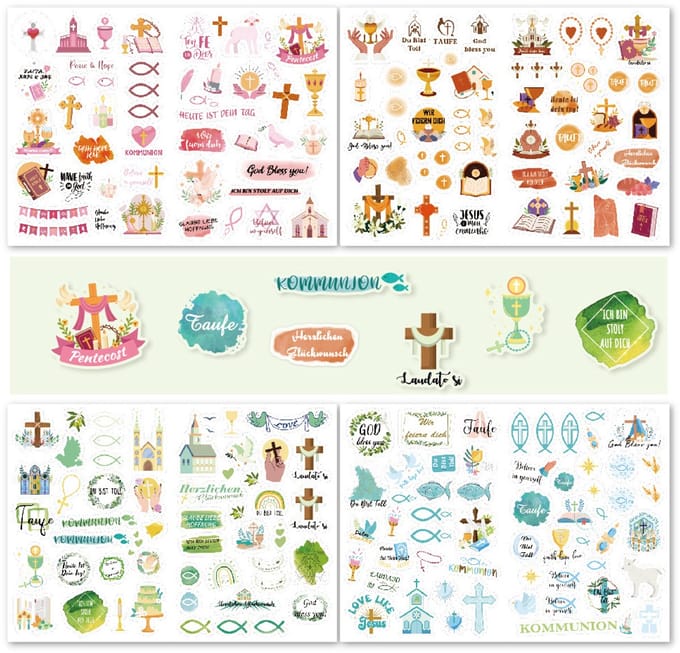 Christelijke stickers Duits & Engelse teksten - 4 vel 205 transparante stickers