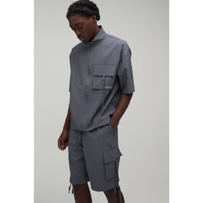 Oversized Funnel Neck Textured Ripstop Cargo Shirt & Longline Short Set | Charcoal | Size Medium