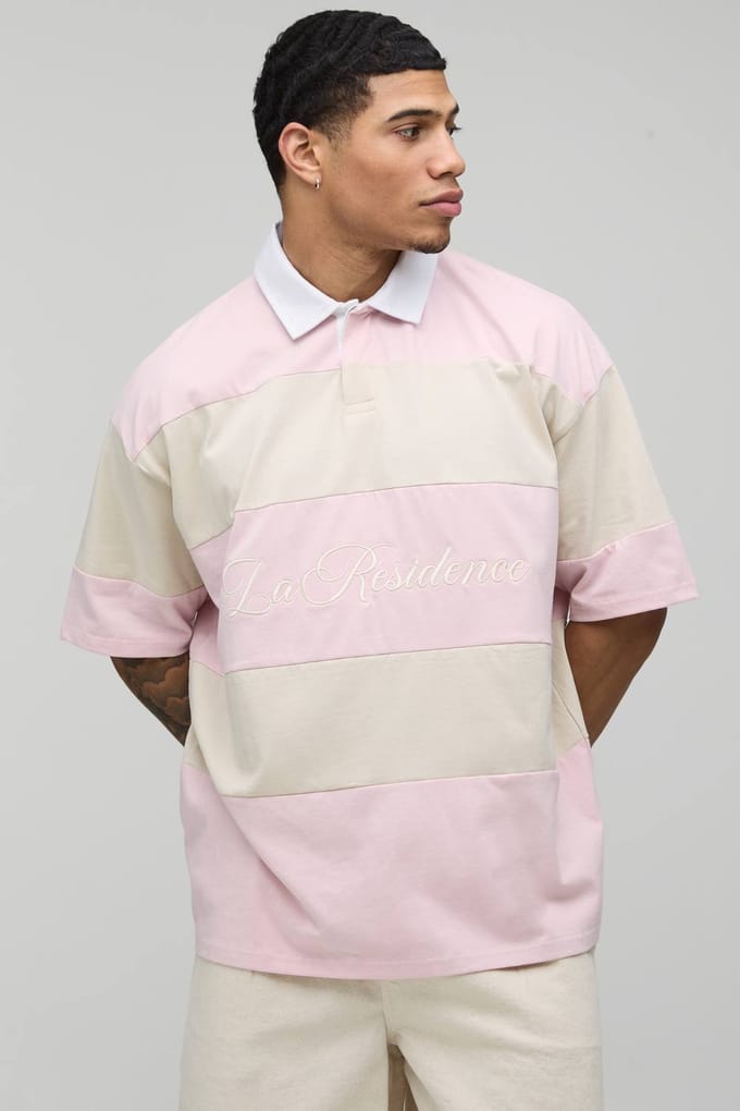 Oversized La Residence Geborduurd Gestreept Rugby Polo | Pink | Size Medium