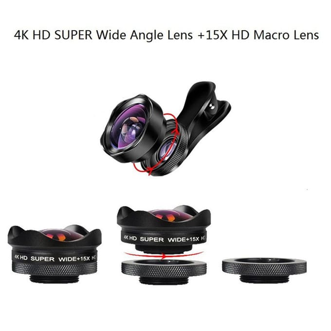 4K Smartphone Camera Lens 0.45X Groothoek 15X Macro Telefoon Lens met Universele Clip Compatibel met zwart