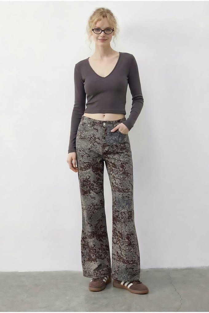 Hoge Taille Paisley Print Rechte Spijkerbroek