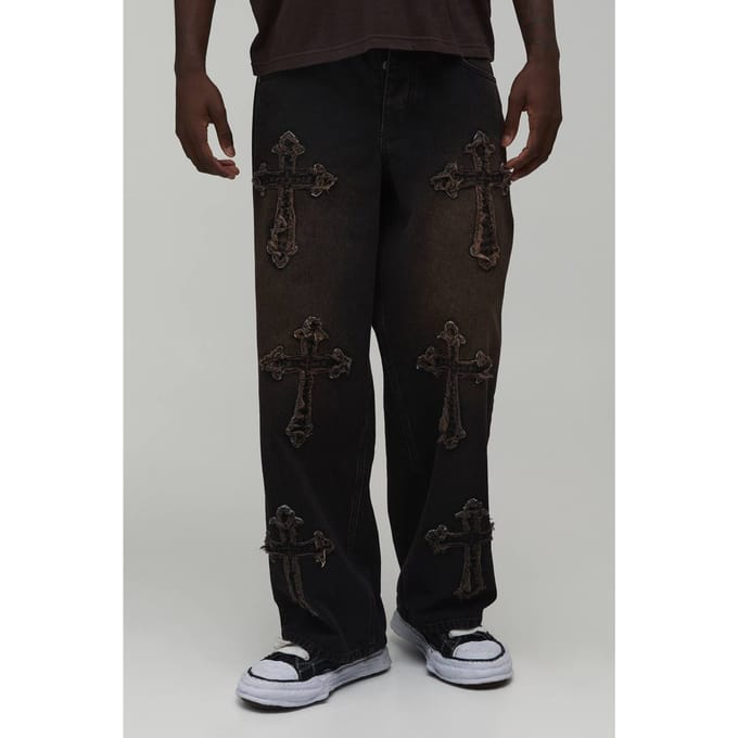 Baggy Rigid Cross Applique Denim Jeans | Brown | Size 32R