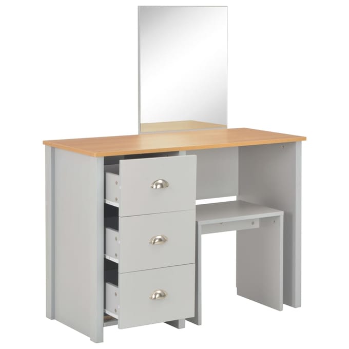 vidaXL - Kaptafel - met - spiegel - en - krukje - 104x45x131 - cm - grijs