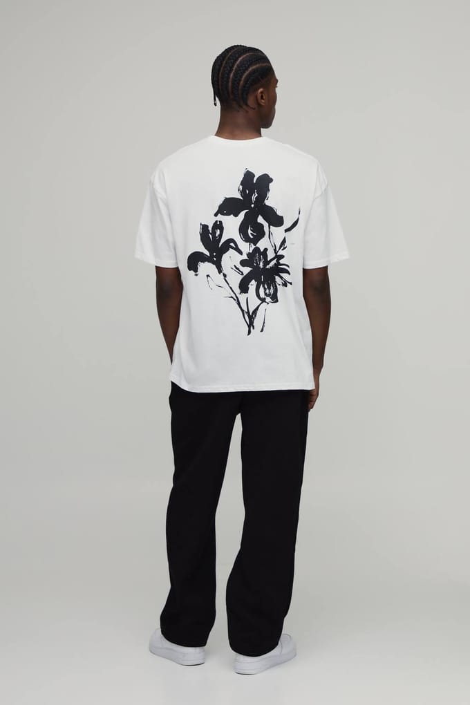 Oversized T-Shirt met Bloemenprint op de Rug | White | Size Medium