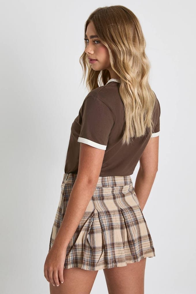 boohoo Dames Boxpleat-ruiten mini-rok | Beige | Maat: 42