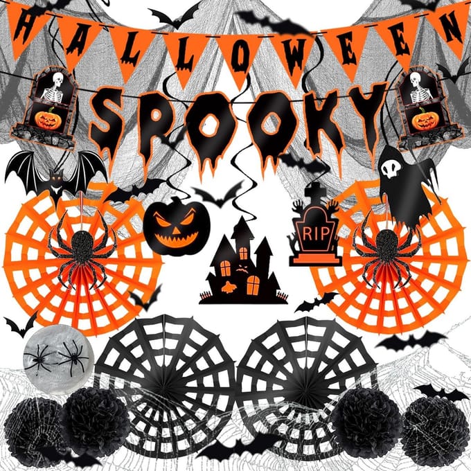 Horror Tuindecoraties voor Halloween - 40 Stuks Spinnenweb Bat Schedel Decoratieset