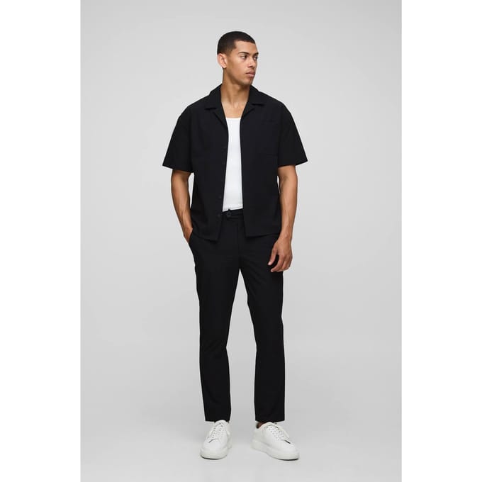 Regular Fit Technical Stretch Shirt & Tapered Trouser Set | Black | Size Medium