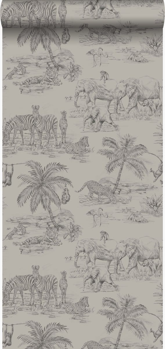 Origin Wallcoverings behang jungle dieren klei grijs - 53 cm x 10.05 m - 347443