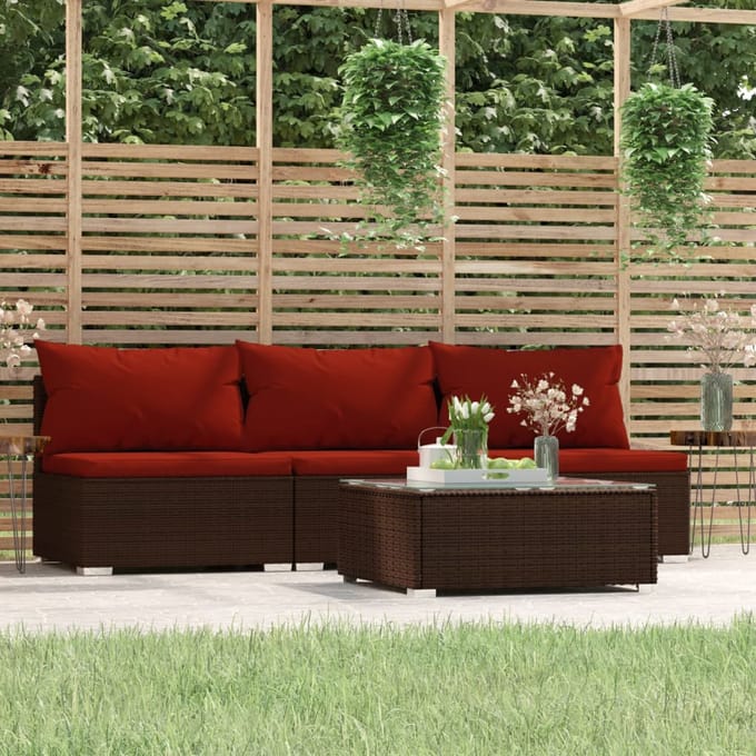 vidaXL - 4-delige - Loungeset - met - kussens - poly - rattan - bruin