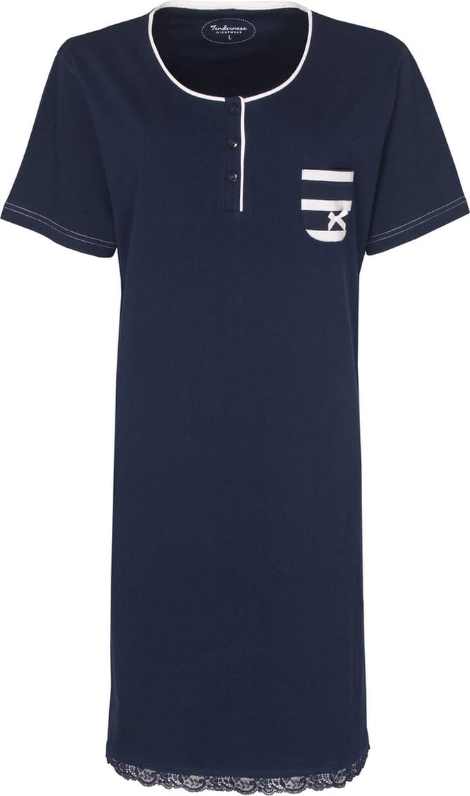 Tenderness Dames Nachthemd - Wit Borstzakje - Donker Blauw - Maat S