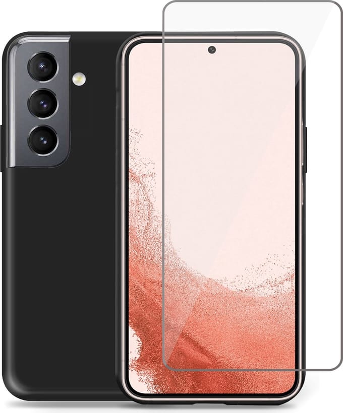 Hoesje geschikt voor Samsung S22 Plus + Screenprotector – Tempered Glass -Liquid Back Case Cover Zwart