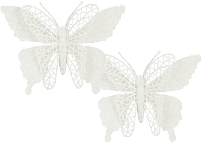 Kerstboomversiering Vlinder - 2x stuks - 16 cm - wit glitter - op clip