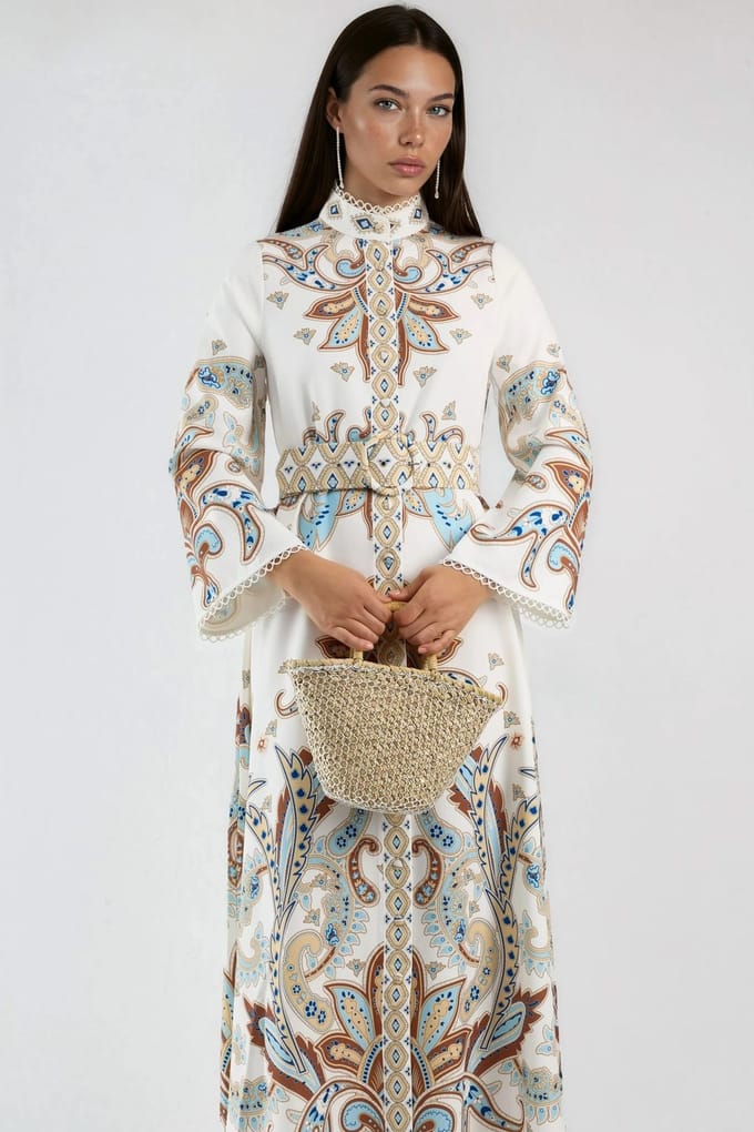 Paisley Print Maxi Jurk met Mandarin Collar