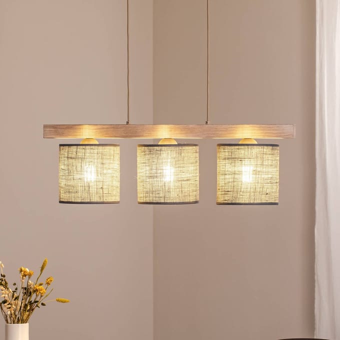 Duolla Hanglamp Forest, 3-lamps, hout licht, jute grijs