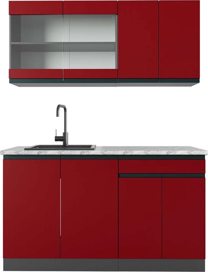 Vicco R-Line Eenpersoonskeuken – 140 cm, WB Marmer Rood/antraciet