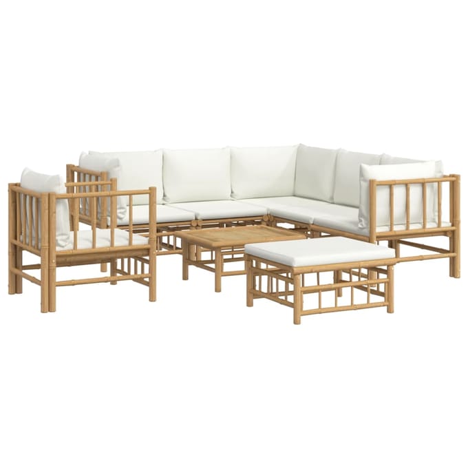 vidaXL - 8-delige - Loungeset - met - kussens - bamboe - crèmewit