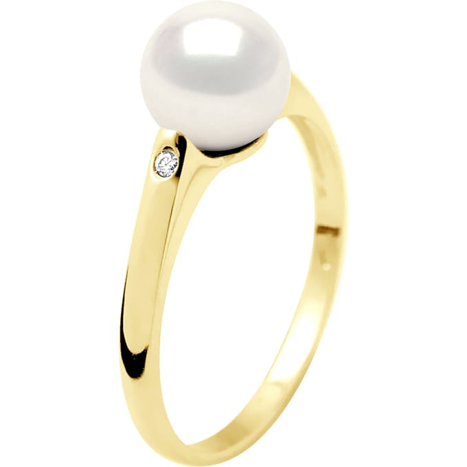 Ring Solitaire Diamanten 0,02 Cts - Echte Gecultiveerde Zoetwaterparel Rond 8-9 mm