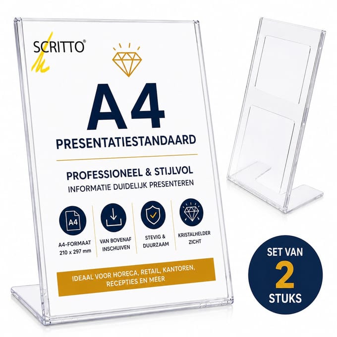 Set van 2 Scritto Presentatiestandaard A4 Staand – Transparante Folderhouder – Menukaarthouder – Informatiedisplay – L-Model