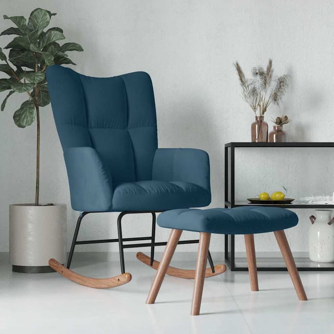 vidaXL - Schommelstoel - met - krukje - blauw - fluweel