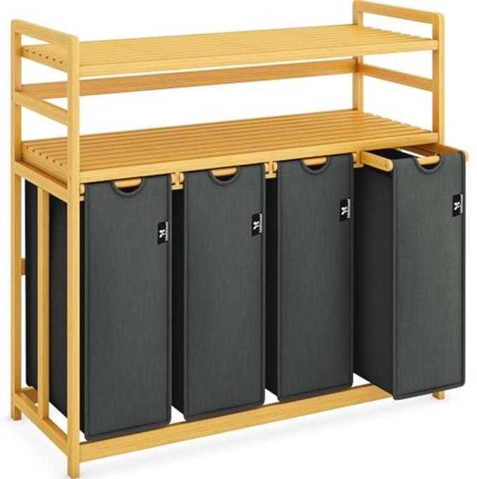Grote Wasmand met Planken en 4 Compartimenten – 200 Liter – Bamboe Wasorganizer in Grijs