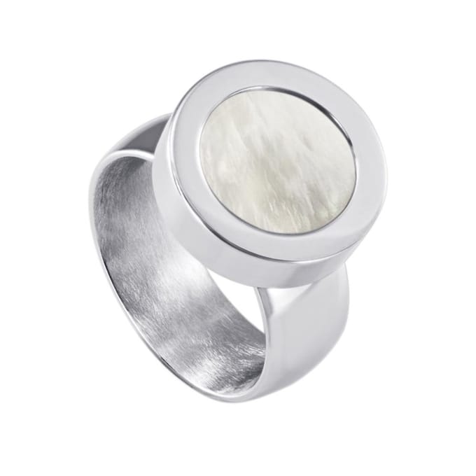 Quiges RVS Schroefsysteem Ring Zilverkleurig Glans 18mm met Verwisselbare Beige Schelp 12mm Mini Munt