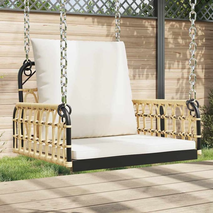 vidaXL - Schommelstoel - met - kussens - 63x58x39 - cm - poly - rattan - en - staal