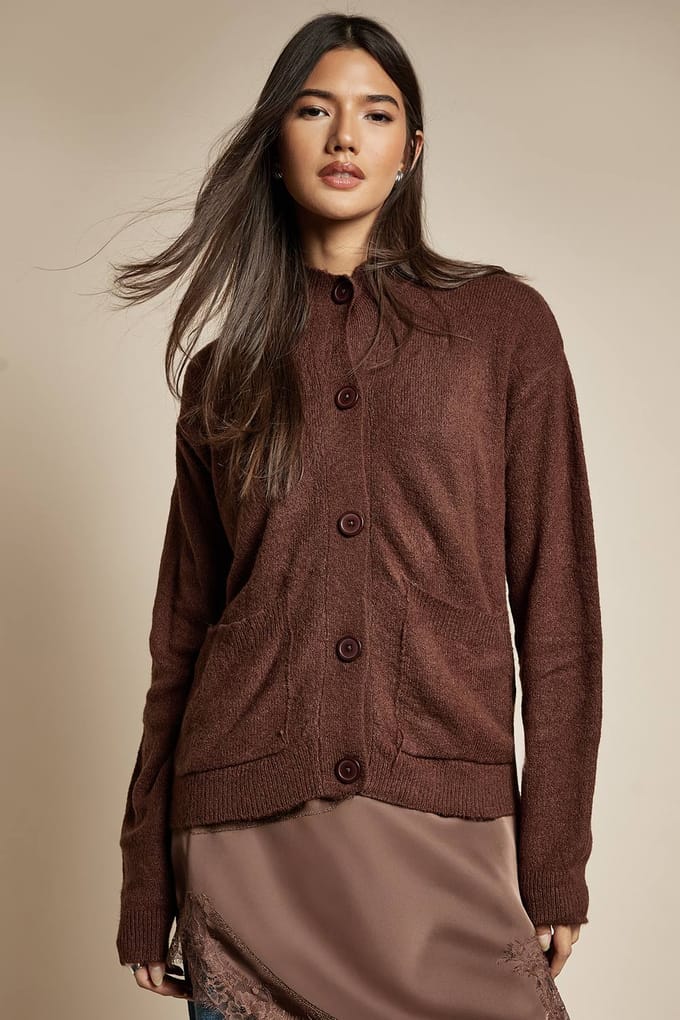 boohoo Dames Gebreide cardigan met hoge hals | Chocolate | Maat: Medium