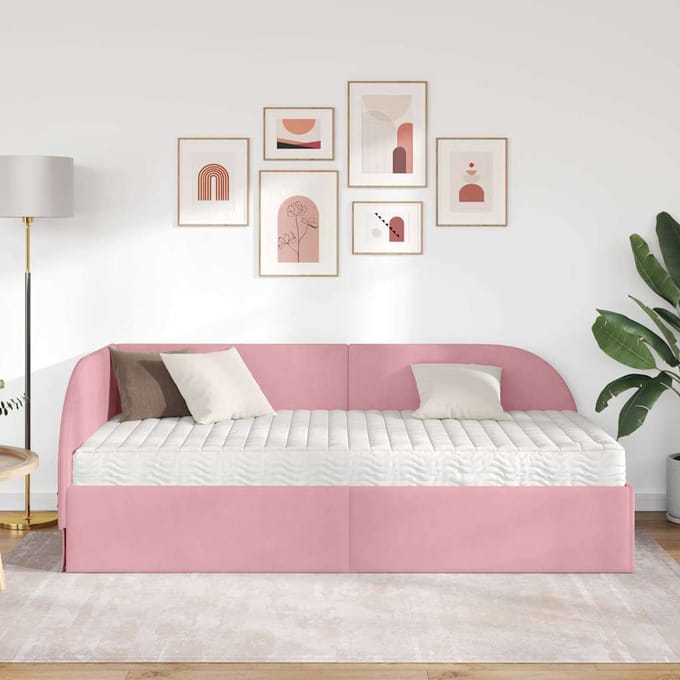 vidaXL - Hoekbedframe - met - Matras - 2 - st - Roze - 80 - x - 200 - cm - Fluweel