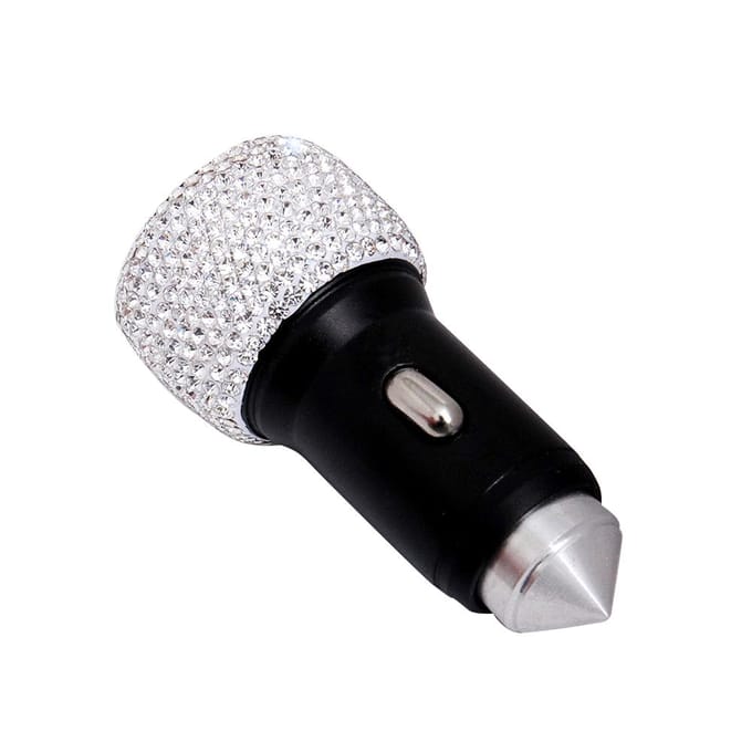 Autolader Bling Diamond Dual USB Autoadapter Veiligheidshamer Handgemaakt wit
