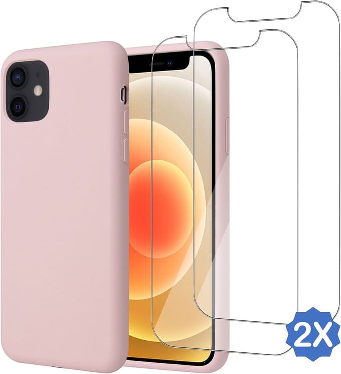 Geschikt voor iPhone 13 - Hoesje + 2x Screenprotector – Gehard Glas Cover - Suède Case Rose