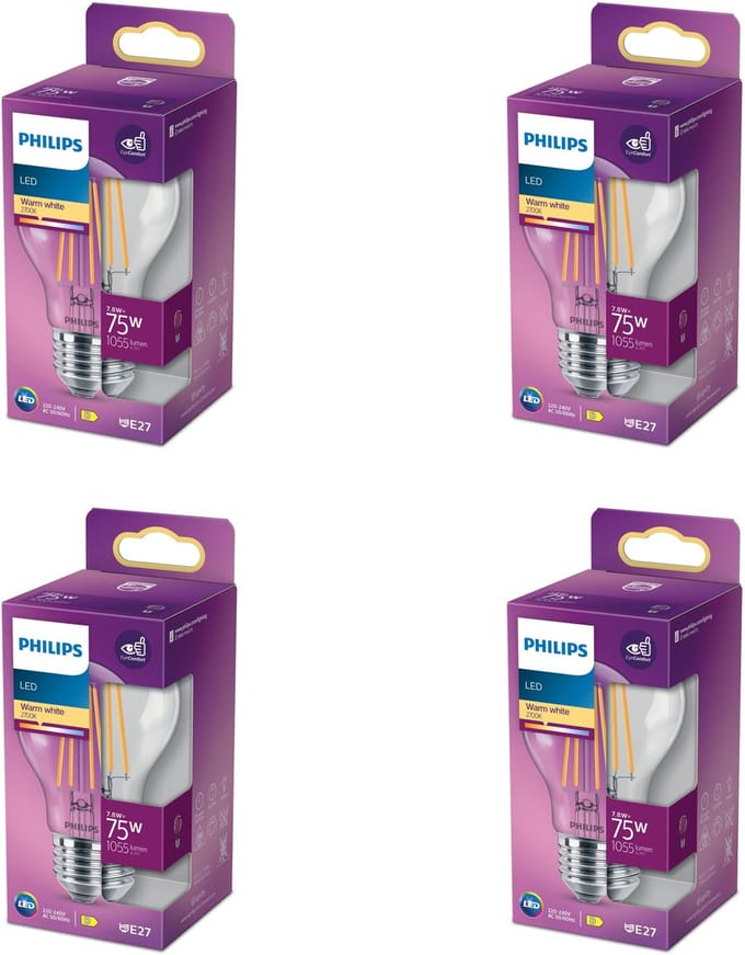 Philips Voordeelverpakking - E27 - LED Standaard lamp - Helder - 75W - Niet Dimbaar - Warmwit Licht - Set van 4 Stuks