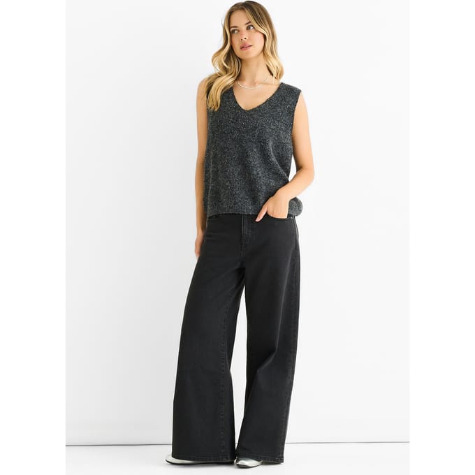 Grijze glitter V-hals vest gebreide trui
