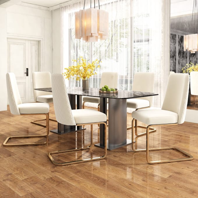 Eetkamerstoel - 6 Stuks - Luxe Samtstoel Diamant Rug - Metalen Poten - Samt - Beige