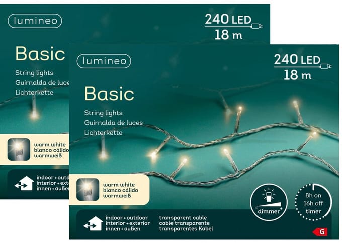 Lumineo Kerstverlichting - 2x - 240 leds -warm wit -1800 cm - transparent cable - timer en dimmer