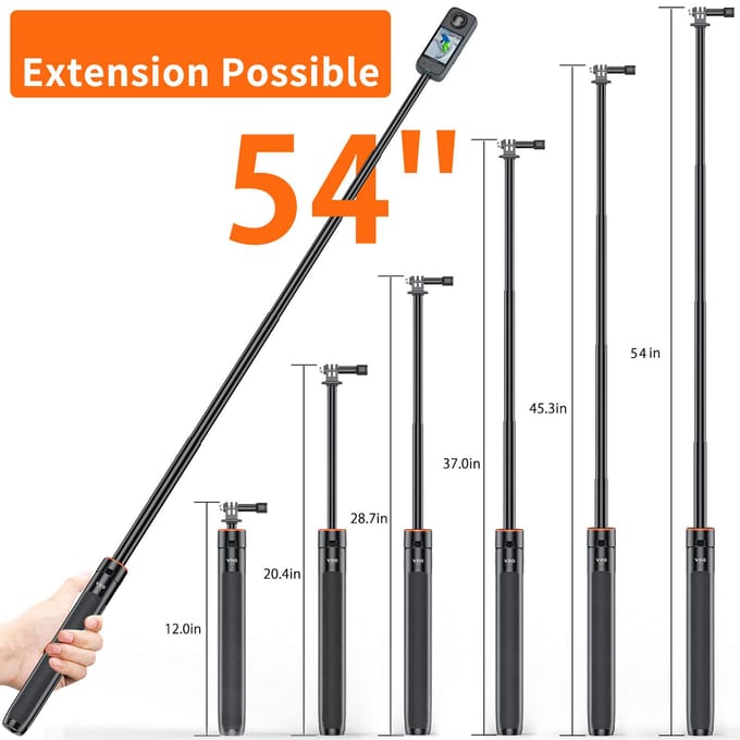 VRIG TP-21 Sportcamera Selfie Stick Statiefstandaard Uitschuifbaar Max. 54 inch met 1/4 inch schroef voor zwart