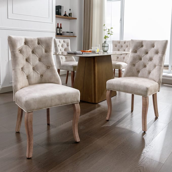 MODENUIT Eetkamerstoel - Hoge Rugleuning - Set van 4 - Gewatteerd met Knopen - Voor Eetkamer - Fluweel Lichtbeige