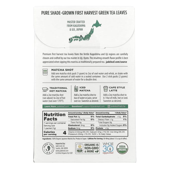 Jade Leaf Matcha, Biologische Japanse Matcha, 7 Zakjes, 0,04 oz (1 gram) Elk white