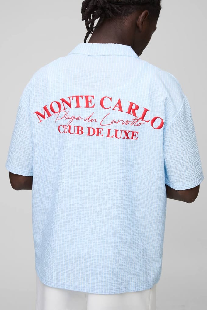 Oversized Geborduurd Gestreept Seersucker Revere Shirt | Light Blue | Size Medium