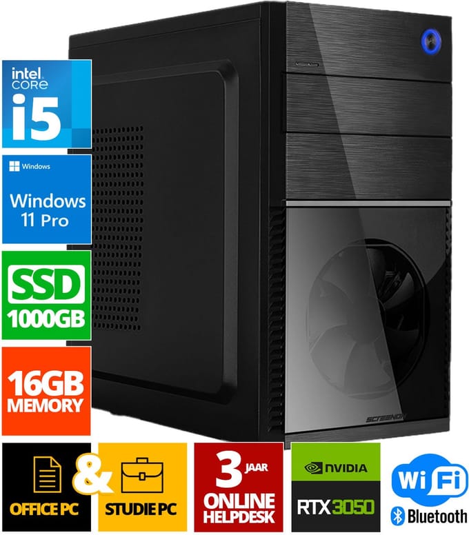 Intel Compleet PC | Intel Core i5 | 16 GB DDR4 | 1 TB SSD - NVMe | RTX 3050 | Windows 11 Pro + WiFi & Bluetooth