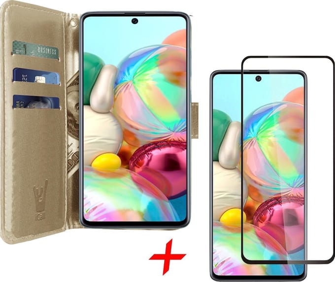 Hoesje geschikt voor Samsung Galaxy A71 - Screen Protector FullGuard - Book Case Kunstleer Pasjeshouder Goud & Screenprotector