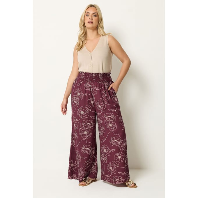 Yours Bordeauxrode Broek Met Bloemenprint En Wijde Pijpen Size Regular > 48