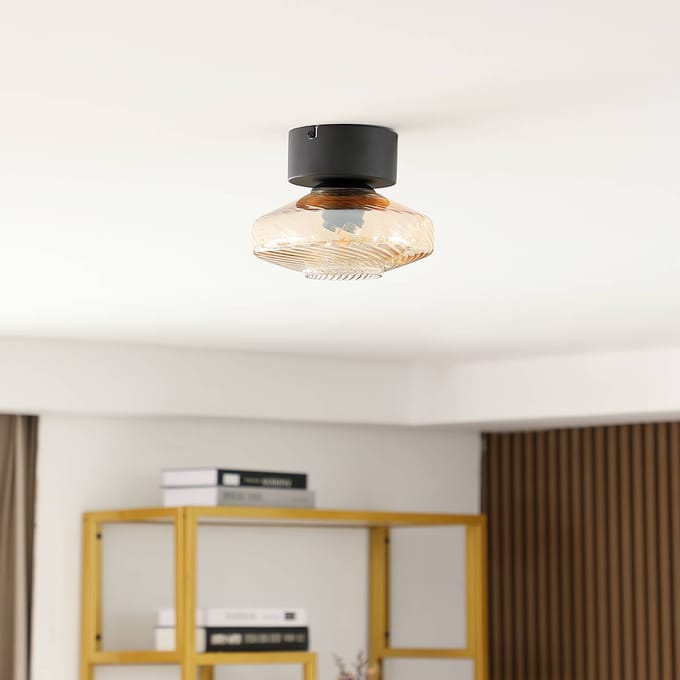 Lindby - plafondlamp - 1licht - Glas, ijzer - H: 15.3 cm - E27 - amber, zwart