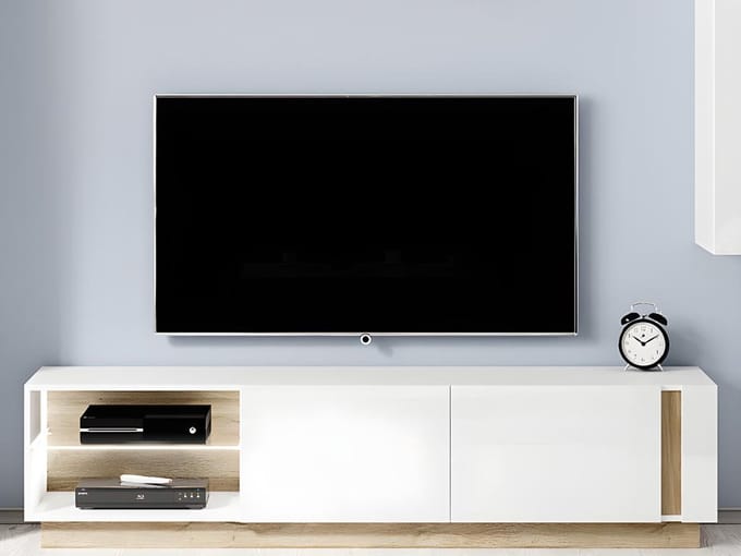 Vente-unique Tv-meubel MURARI - 2 deuren en 2 nissen - met ledverlichting - Hoogglans wit en eiken