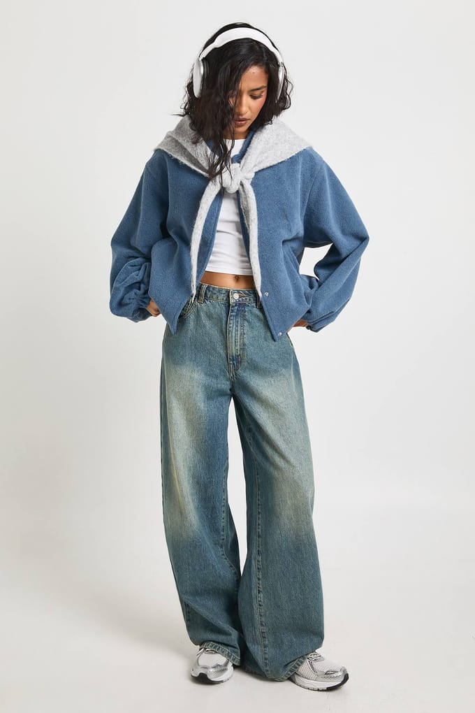 boohoo Dames Ballonmouw Wollen Look Bomber Jacket | Blue | Maat: 8