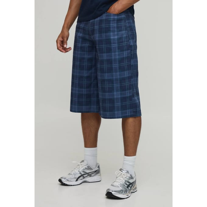 Baggy Longline Geruit Twill Short | Navy | Size 28