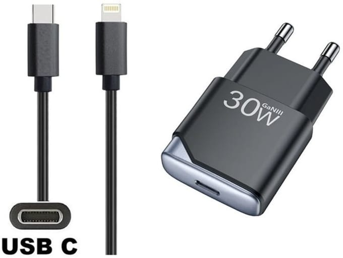 OneOne 30W snellader + 2,0m sterke USB C naar Lightning kabel. GAN lader. PD PPS oplader adapter past op Apple iPhone 13 Mini, iPhone 13 Pro, iPhone 13 Pro Max, iPhone 14, iPhone 14 Plus, iPhone 14 Pro, iPhone 14 Pro Max