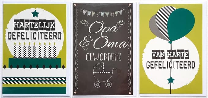 3 Wenskaarten - OMA & OPA Geworden + 2 x Hartelijk Gefeliciteerd - 12 x 17 cm – OPA-302